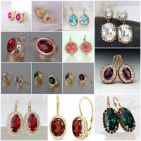 Luxury Crystal Female Small Oval Earrings Gold Color Silver Color Clip Earrings For Women White Blue Red Purple Stone Earrings