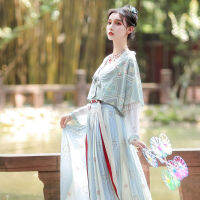 Hanfu Tang ดั้งเดิมเสื้อผ้าโบราณเอวคอกลมเสื้อยืดแขนสั้นบางกระโปรงมีจีบผู้หญิงกระชับสัดส่วนทุกวัน