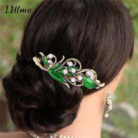 【CW】Exquisite Elegant R Enamel Green Leaf Pearl Hair Clip Clamp Hairpin Womens Hair Accessories