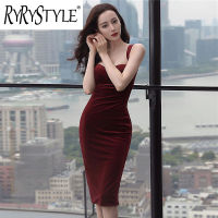 RYRYSTYLE ชุดเดรสชุดเดรสฤดูใบไม้ร่วงเข้ารูปพอดีกำมะหยี่สีแดงไวน์,เดรสคลุมสะโพก9426