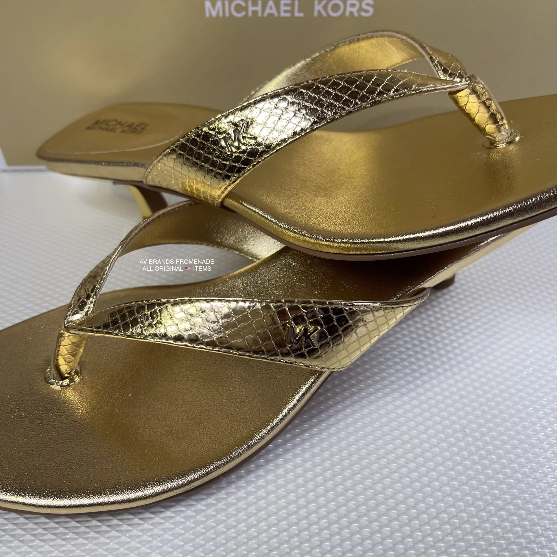 Original Michael Kors Angela Metallic Python Embossed Leather Sandals Gold  | AV Brands Promenade | Lazada PH