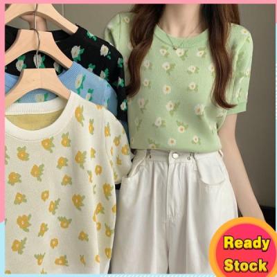 Summer Knitted T-Shirt For Women Flowers Fashion Small Fresh Casual Simple Retro Feme O-Neck Korean Short Top V728
