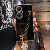 COROGI เคสสำหรับ Tecno Camon 19 Neo พร้อมสายรัดข้อมือลายใบโคลเวอร์นำโชคกำไลข้อมือชุบ6D สุดหรูกรอบด้านหลังป้องกันซิลิโคนเคสมือถือแบบนิ่มกันชนขอบสี่เหลี่ยม