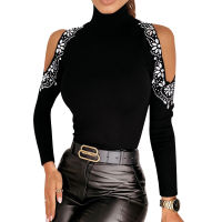 Sale Knitted Turtleneck Blouse Tops Women Sexy Off Shoulder Hot Drilling Knit Shirt Solid Black Long Sleeve Slim Tee Shirt D30