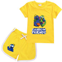 Rainbow Friends Ro Bloxs เสื้อยืดแขนสั้น2ชิ้น,เสื้อยืด + กางเกงขาสั้นผ้าฝ้ายเด็กหญิงเด็กชายแฟชั่นลำลองสำหรับเด็ก0000