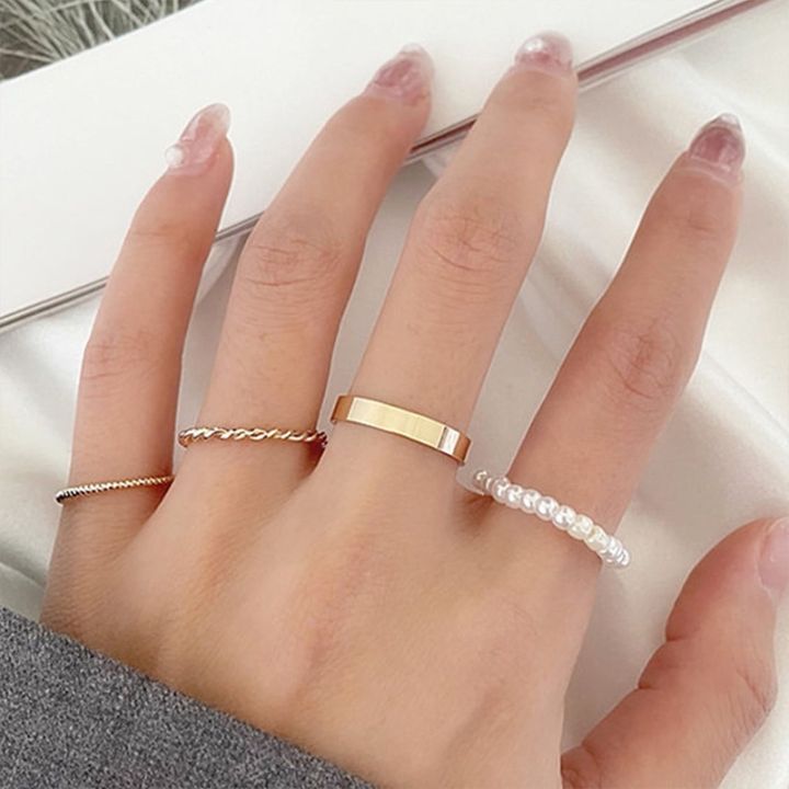 Korea Female Pearl Rings Women Gold Metal Ring Set Fashion Jewelry ...