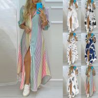 Women Printed Shirt Dress Casual Turn-down Collar Long Sleeve Irregular Maxi Dresses Laides Single Breasted Loose Long dress