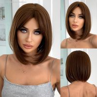 HENRY MARGU Brown Short Bob Straight Synthetic Wigs with Bangs Natural Daily Bobo Hair Wigs for Women Cosplay Heat Resistant [ Hot sell ] Gktinoo Fashion