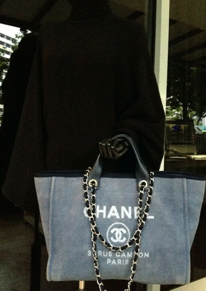 SOLD - Chanel Deauville Denim Blue Silver Chain 2 Way Shoulder Hand Held Tote  Large Bag