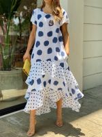 【Ladies shop】ผู้หญิง Dresses2022เซ็กซี่ O คอ Dot พิมพ์ Boho BeachRuffle แขนสั้น MaxiWrap Sundress Robe