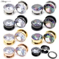 ✑✘❂ Alisouy 2pcs Stainless Steel Zirconia Crystal Screw Ear Tunnels Plugs Expander Stretcher Gauges Earrings Body Piercing Jewelry