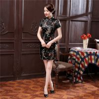 2023 ฤดูร้อนที่ดีขึ้นชุด Cheongsam สั้นวินเทจมังกรจีนชุดดอกไม้ชุดขนาดบวกบาง