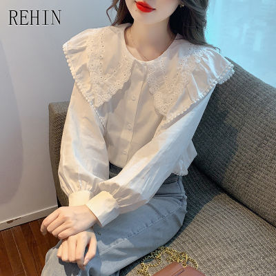 REHIN ของผู้หญิงฤดูใบไม้ร่วงใหม่เวอร์ชั่นเกาหลีนัวเนียปกเสื้อแขนยาวสีทึบหวานอายุท้าทายเสื้อชีฟองสง่างาม