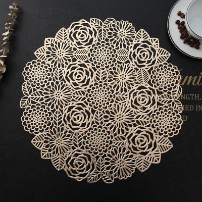 Rose Flower Pattern Round Hollow PVC Placemat Ins Western Table Mat Heat Insulation Pad Non-slip Coaster