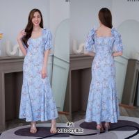 (S-2XL) เดรสยาวคอกว้างลายดอก แขนตุ๊กตา สีฟ้า IMB2021 - ICANDIDSHOP