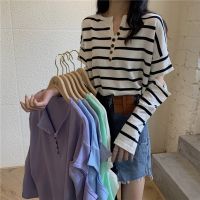 [COD] 2022 autumn and winter new net red heart machine design v-neck striped all-match sweater long-sleeved womens loose top