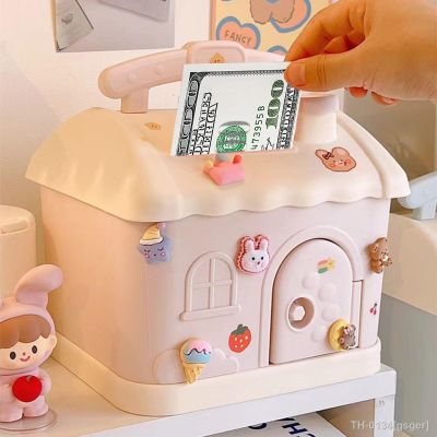 ㍿ Casa dos desenhos animados forma piggy bank bonito crianças caixa de poupança dinheiro com bloqueio armazenamento moeda caso decoração