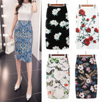 Ready Stock Fashion Women Elastic High Waist Pencil Skirts Midi Skirt Women Printed OL Work Wear Summer New plus size skirt