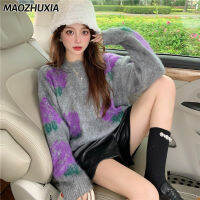 เสื้อสเวตเตอร์ถักคอลูกเรือ,เสื้อครอปทรงหลวมสเวตเตอร์ถักจาก MAOZHUXIA