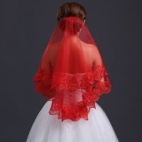 T-Bเจ้าสาวเกาหลีอุปกรณ์จัดงานแต่งงานปกคลุมลูกไม้ระดับไฮเอนด์ผ้าคลุมหน้าสีแดงเจ้าสาวผ้าคลุมหน้าสีแดง