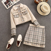 Fall Winter Grid Tweed Women 2 Piece Set 2021 High Quality Runway Luxury Patchwork Warm Pearl Jacket Coat + Mini Skirt Suits