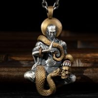 ZZOOI Personality Snake Serpent Sakyamuni Pendant Necklace Two Tone Maitreya Buddha Skull Long Chain Necklace for Men Women Jewelry