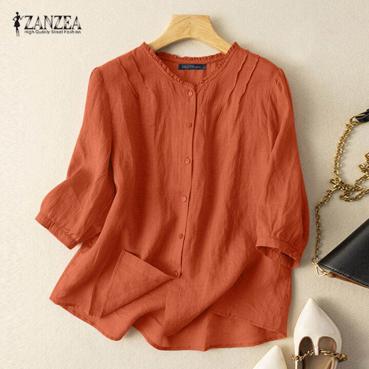 สินค้ามาใหม่-จัดส่งฟรี-fancystyle-zanzea-เสื้อลูกไม้ลำลองของผู้หญิงเสื้อคอกลมวินเทจหลวมติดกระดุมเสื้อลงมา-2