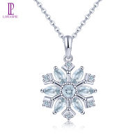 Sterling Silver S925 Genuine Natural Aquamarine Pendant Light Blue Snowflower Design Women Jewelry Gift for New Year