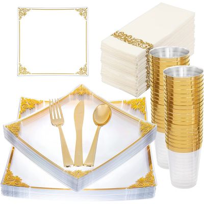 Disposable Party Tableware Transparent Square With Gold Rim Plastic Plate Disposable Silverware Wedding Supplies 10 People Set