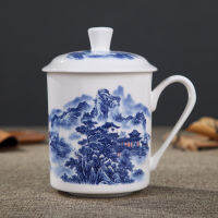 Jingdezhen เครื่องปั้นดินเผาสีฟ้าและสีขาวครัวเรือนเซรามิกแก้วแบบมีฝาปิดชาแก้วกระเบื้องจีนถ้วยกาแฟส่วนตัวสำนักงาน Qianfun