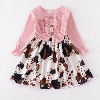 Girlymax Fallwinter Baby Girls Children Clothes Pink Cow Print Denim Dress Milk Silk Boutique Long Sleeve Knee Length