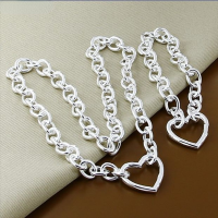 Silver Heart 18 inch Chian Necklace 8 inch celet Set For Women Wedding Engagement Party Jewelry