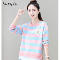 Luxqlo เสื้อยืดแขนยาวลายทางผู้หญิง,เสื้อยืดหวานๆแฟชั่นฉบับภาษาเกาหลีเสื้อคอตตอนลำลองทรงหลวมไซส์ใหญ่