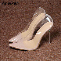 Aneikeh 2021 Concise Fashion PVC Woman Transparent Sandals Thin High Heels Shoes Pointed Toe Pumps Slip On Solid Apricot 41 42