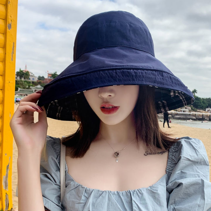 cod-หมวกหมวกกันแดดผู้หญิงสไตล์เกาหลีขายร้อน-หมวกชาวประมงลายตารางสองด้านที่สวยงาม-หมวกกันแดดแฟชั่นสำหรับออกนอกบ้าน