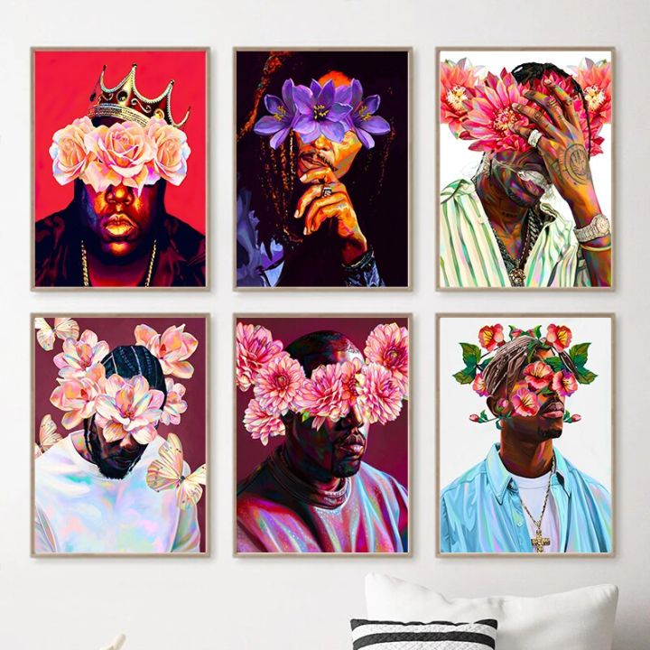hip-hop-rapper-star-ดอกไม้โปสเตอร์ภาพวาดผ้าใบบทคัดย่อ-tupac-biggie-juicecwrld-singer-wall-art-สำหรับตกแต่งบ้านใหม่