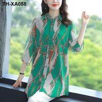 Middle-aged mothers dress chiffon shirt womens retro print mid-length spring and summer new large size thin belly-covering shirt