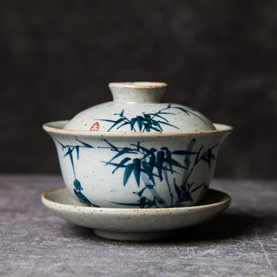 มือวาดไม้ไผ่ Gaiwan สำหรับชาเครื่องปั้นดินเผาหม้ออบที่มีฝาปิดวินเทจ T Eaware กังฟูชุดน้ำชานกจีนถ้วยชาม120มิลลิลิตร Chawan