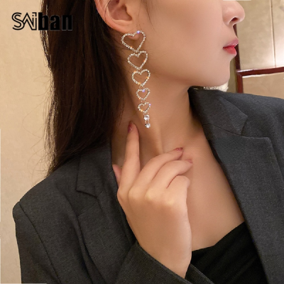Saibanเข็มเงิน 925 แฟชั่นยุโรปและอเมริกาที่เรียบง่ายและเป็นส่วนตัวต่างหูเต็มไปด้วยเพชรรักต่างหูยาวต่างหูออกแบบอารมณ์925 silver needle European and American fashion simple and personalized earrings full of diamond love long earrings