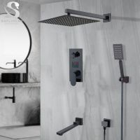 Bernicl Matte Black Shower Faucet Set Rainfall Head with Bathtub Spout and LED Temperature Digital Cold Hot Mixer System