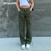 HEYounGIRL Casual Vintage Green Cargo Pants Women Fashion Cotton High Waist Jeans Army Military Denim Trousers Ladies Pockets