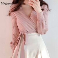 V-Neck Korean Lace Up Bandage Slim Short Bottomed Pullovers for Women Chic Autumn 2020 New Cross Pink Sweater Pull Femme 11978