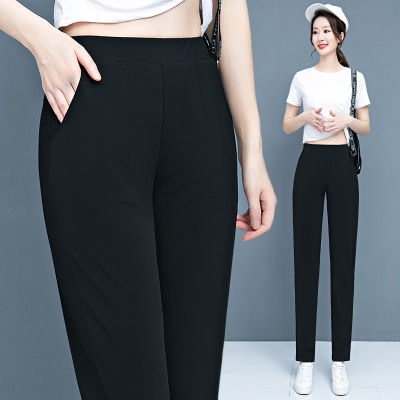 Mingdeng D22901#ผ้าชุบน้ําแห้ง กางเกงสแล็ค กางเกงสแล็ค เอวสูง ใส่ไปทํางาน รองเท้าแตะสีดําบริสุทธิ์ กางเกงสแล็ค กางเกงสกินนี่