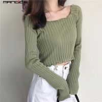 ❧▼✔ Mandice Spring Korean Version French Square Neck Lace Knitwear Small Navel-Exposed Slim-Fit Long-Sleeved Top ME2636