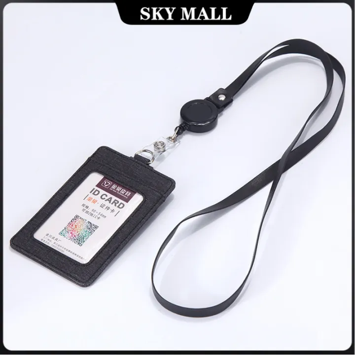 Retractable ID Badge Holder Telescopic Lanyard Card Sleeve PU Leather