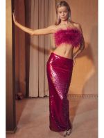 ﹍ Summer Women Luxury Sequins Feather Two Piece Set Sexy Fuchsia Strapless Top Sequins Bodycon Skirt Two Piece Set Party Club Suit