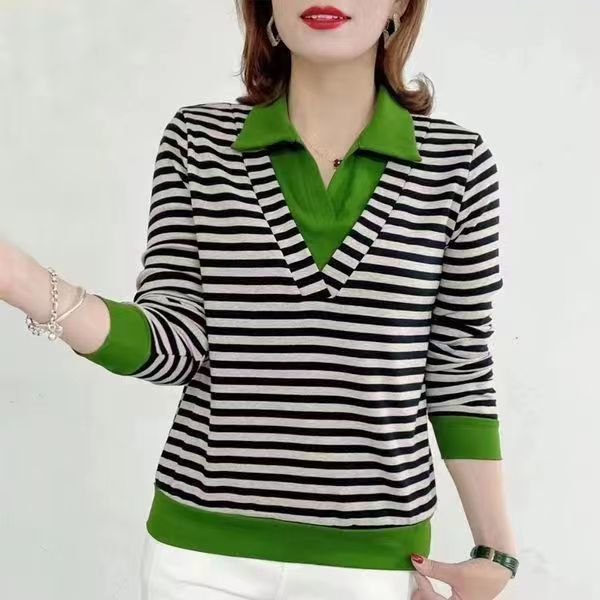 stripe-polo-collar-แขนยาวเสื้อยืดผู้หญิง-stripe-splicing-ปลอมสองเสื้อยืดเกาหลีอเนกประสงค์-casual-t-shirt