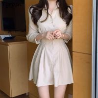 【Ladies shop】ชุดสตรีพับของแข็ง SlimSexy 5สี Ulzzang หญิง A LineStylish พัฟแขน DailyCasual ง่าย