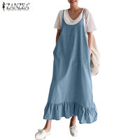 ZANZEA Women Sleeveless Side Pockets Ruffle Hem Denim Blue Maxi Dress