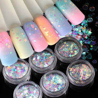 เล็บเจลสีหวาน Glitter เเวววาวเล็บเกล็ดหัวใจทรงกลมมีเลื่อมรูปดาวผีเสื้อกระจกดวงจันทร์ชิ้นตกแต่งไข่มุกไล่ระดับสีบางพิเศษ1กล่อง